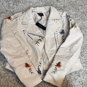 Embroidered off White Leather Jacket